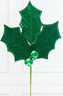 39" Green Velvet Holly Leaves Spray