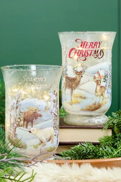 8"H B/O Lighted Glass Deer/Moose Design Hurricane Luminary