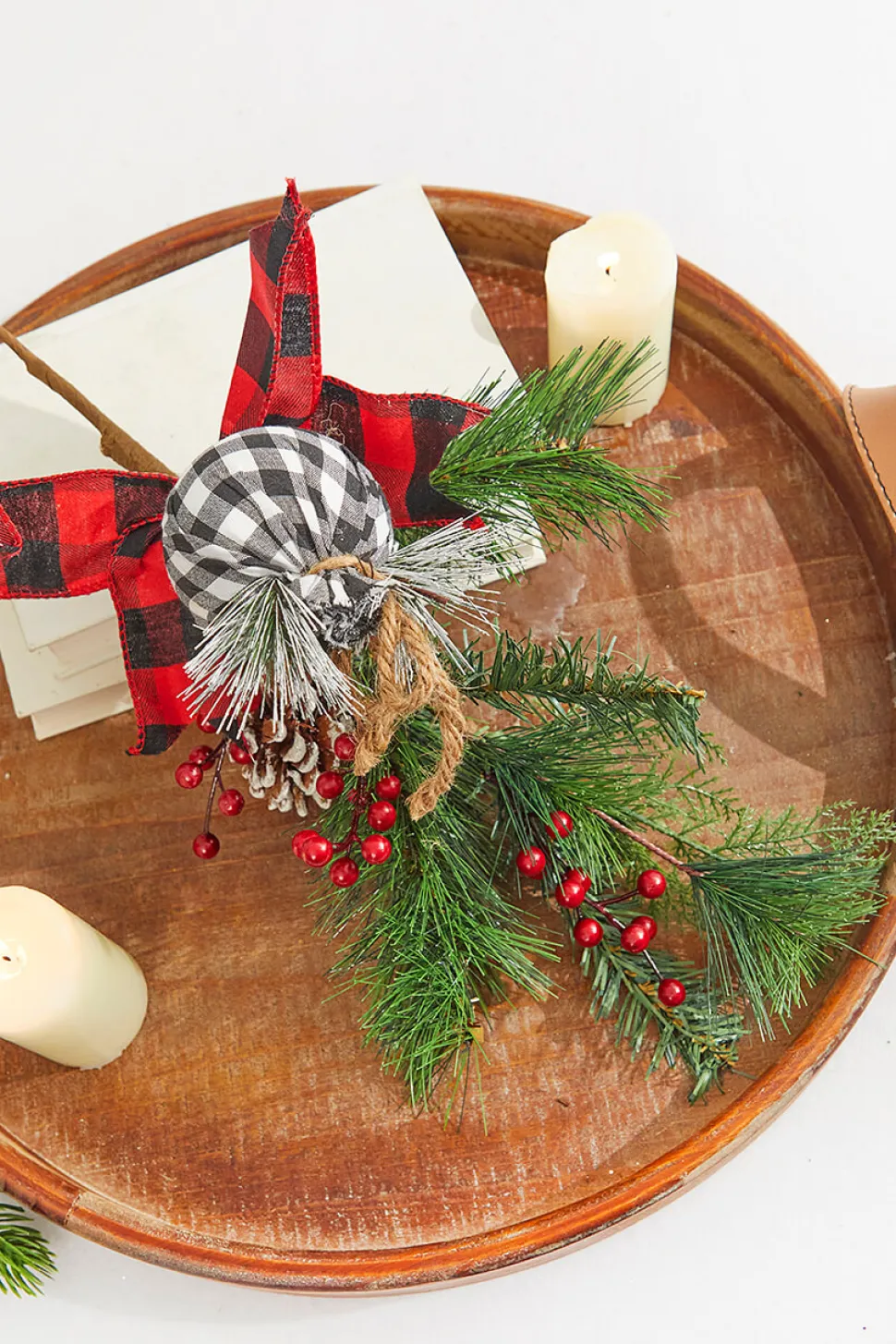 18” Holiday Pine Pick with Buffalo Check Ornament & Berries