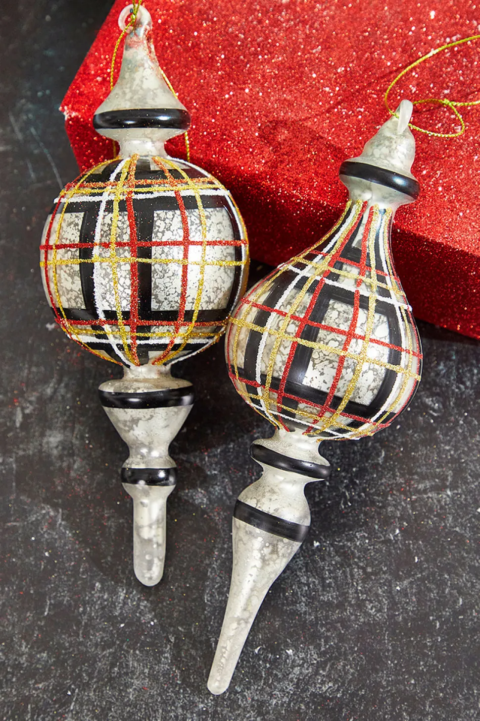 9" Holiday Plaid Finial Glass Ornament