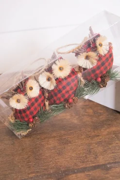 4” Holiday Plaid Owl Ornaments - Set of 3