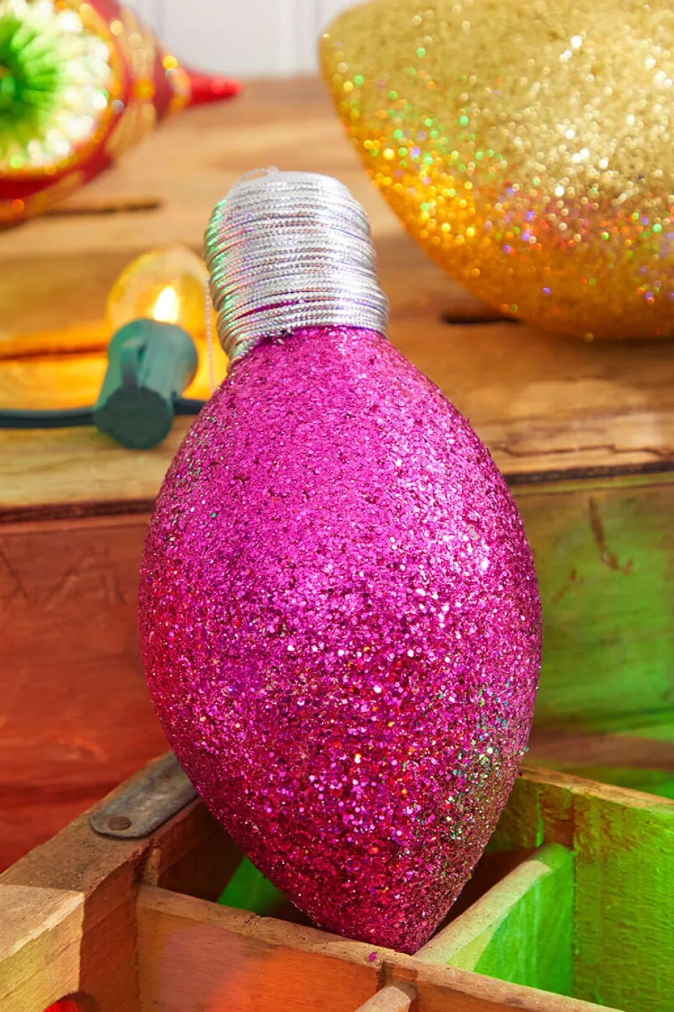 7" Hot Pink Glitter Light Bulb Ornament