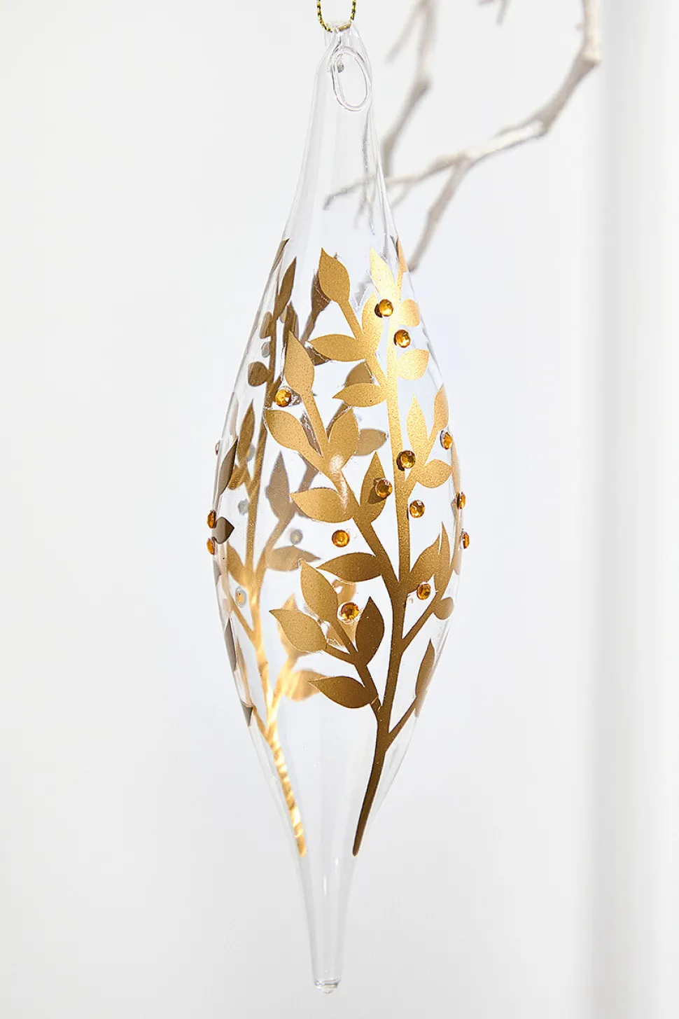 8" - 9" Icicle Glass Ornament with Gold Leaf Detail