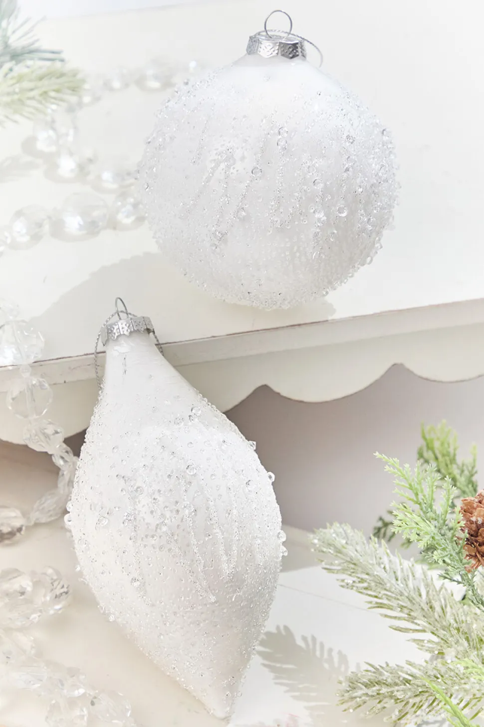 4" - 5.5" Icy Beaded White Glass Ornament