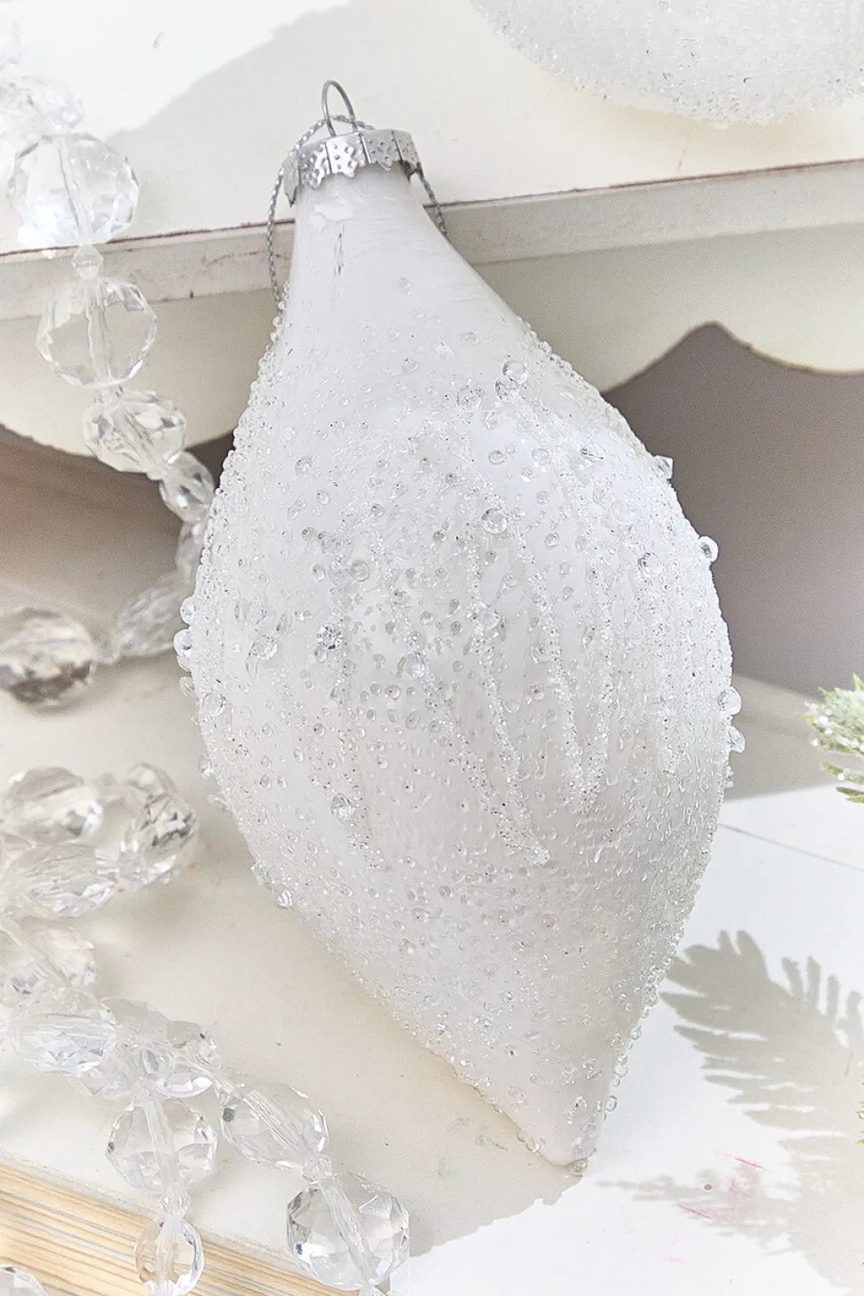 4" - 5.5" Icy Beaded White Glass Ornament