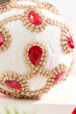 4" Ivory Velvet with Jewel & Rhinestone Ball Ornament