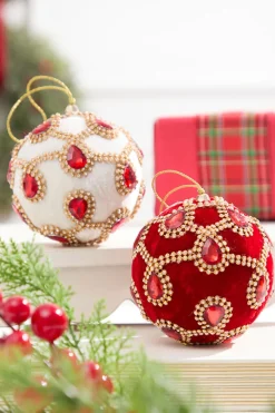4" Ivory Velvet with Jewel & Rhinestone Ball Ornament