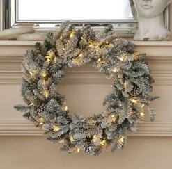 24" Lexington Fir Flocked Plug-In Wreath with Warm White LED Lights