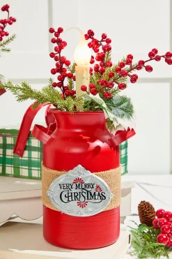 12" Lighted Metal Milk Can with Pine & Berry Arrangement