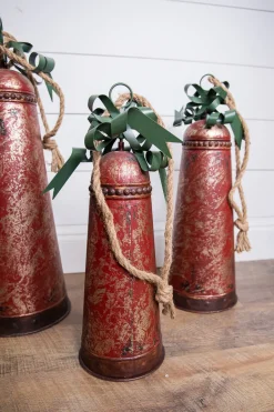 Metal Holiday Bells with Bow & Jute Hanger - Set of 3