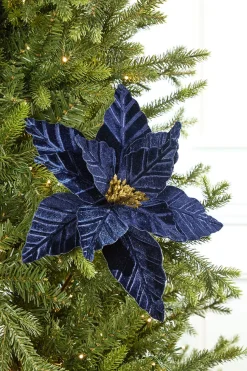 24" Midnight Blue Velvet with Glitter Center Poinsettia Stem