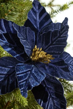 24" Midnight Blue Velvet with Glitter Center Poinsettia Stem