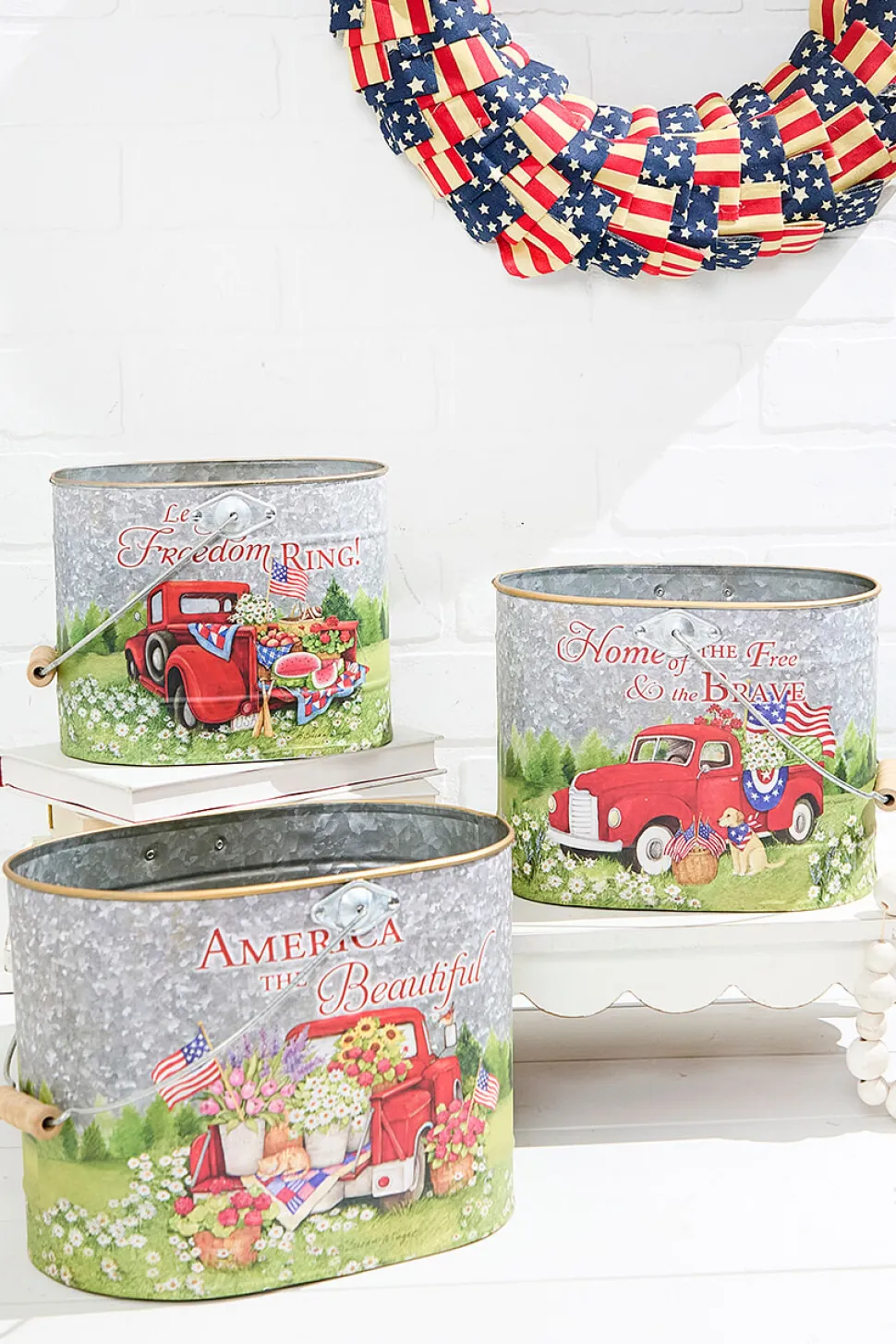 9.8" Nesting Metal Americana Truck Design Buckets - Set Of 3