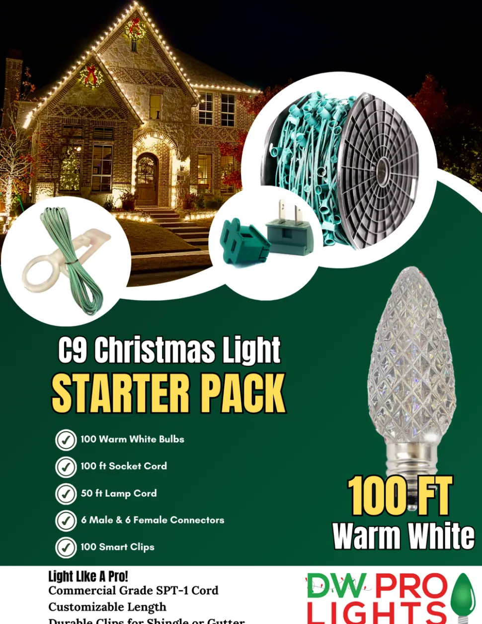 100' Outdoor Christmas Lighting Kit - Warm White