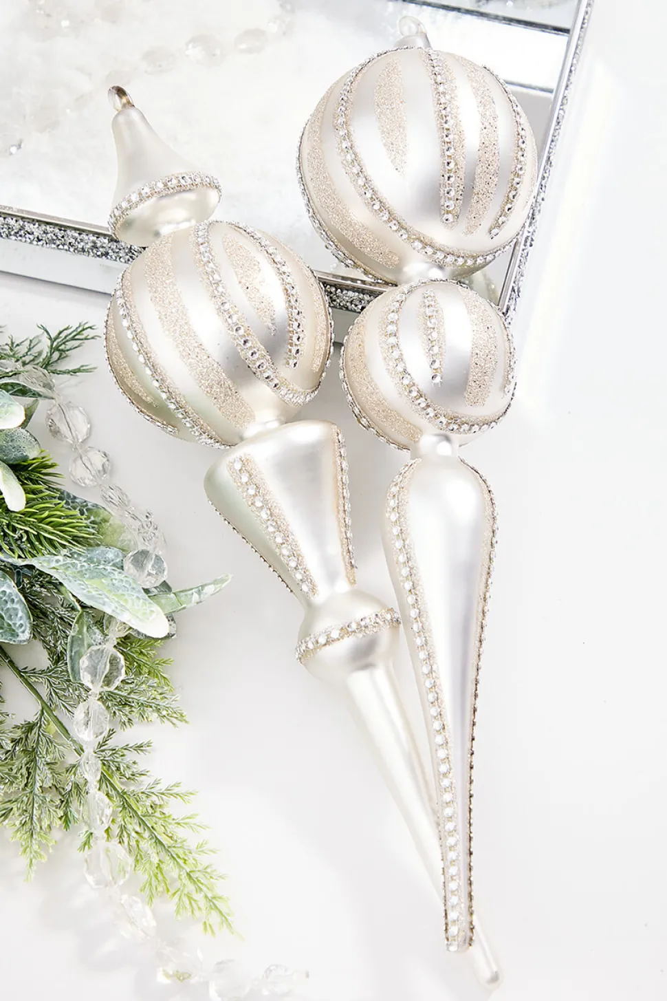 16" Pearl with Rhinestones Glass Finial Ornament