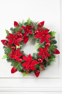 32” Pine Wreath With Poinsettias & Ball Ornaments