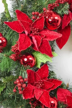 32” Pine Wreath With Poinsettias & Ball Ornaments