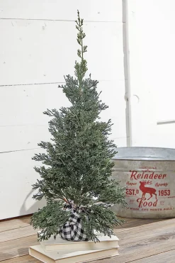 24" Plastic Cedar Tree in Black & White Buffalo Fabric Bucket