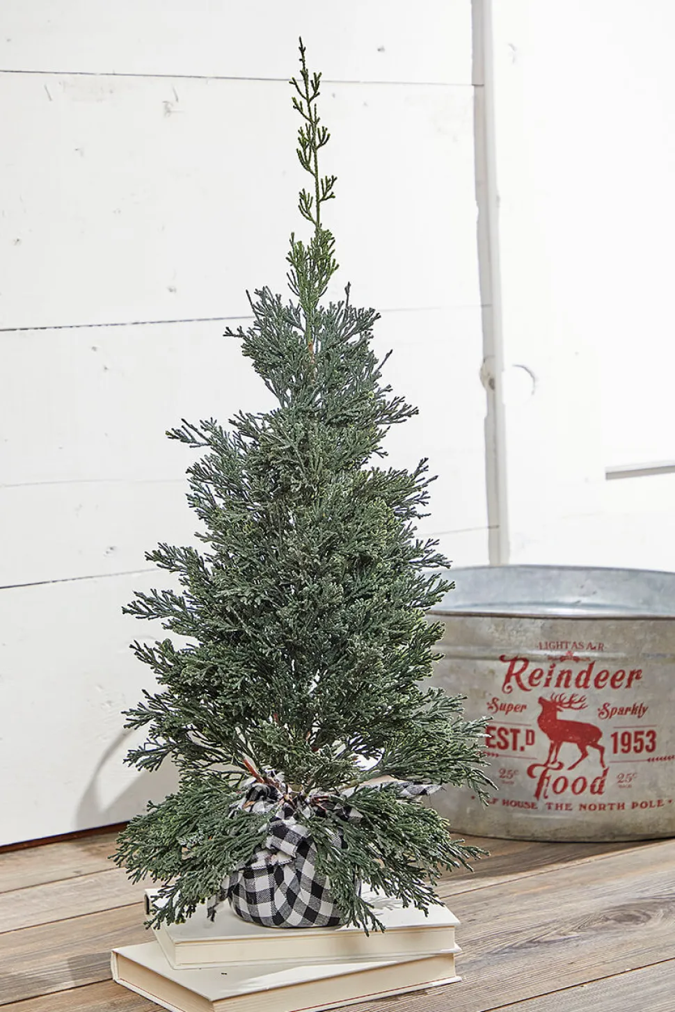 24" Plastic Cedar Tree in Black & White Buffalo Fabric Bucket