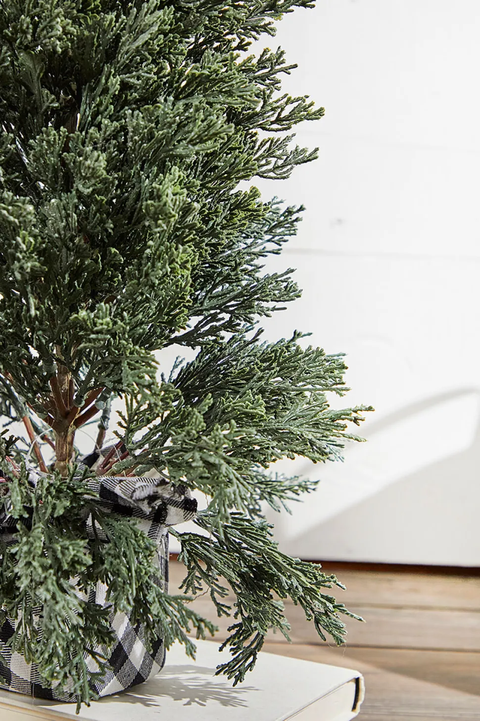 24" Plastic Cedar Tree in Black & White Buffalo Fabric Bucket