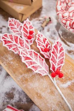24” Red and White Leaf Stem with Red Berries