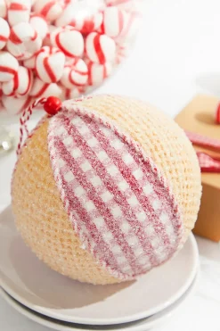 5” Red and White Plaid Waffle Ball Ornament