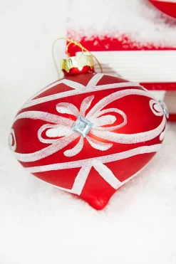 4" Red and White Swirl Glass Ornament
