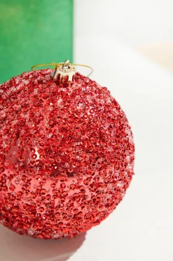 4” Red Beaded Metallic Ball Ornament