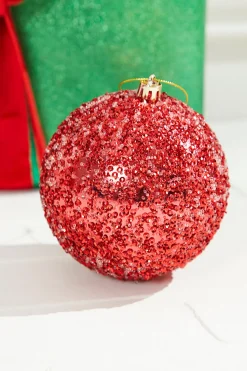 4” Red Beaded Metallic Ball Ornament