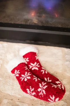 Red Chenille Snowflake Thermal Slipper Socks w/ Non-Slip Grippers