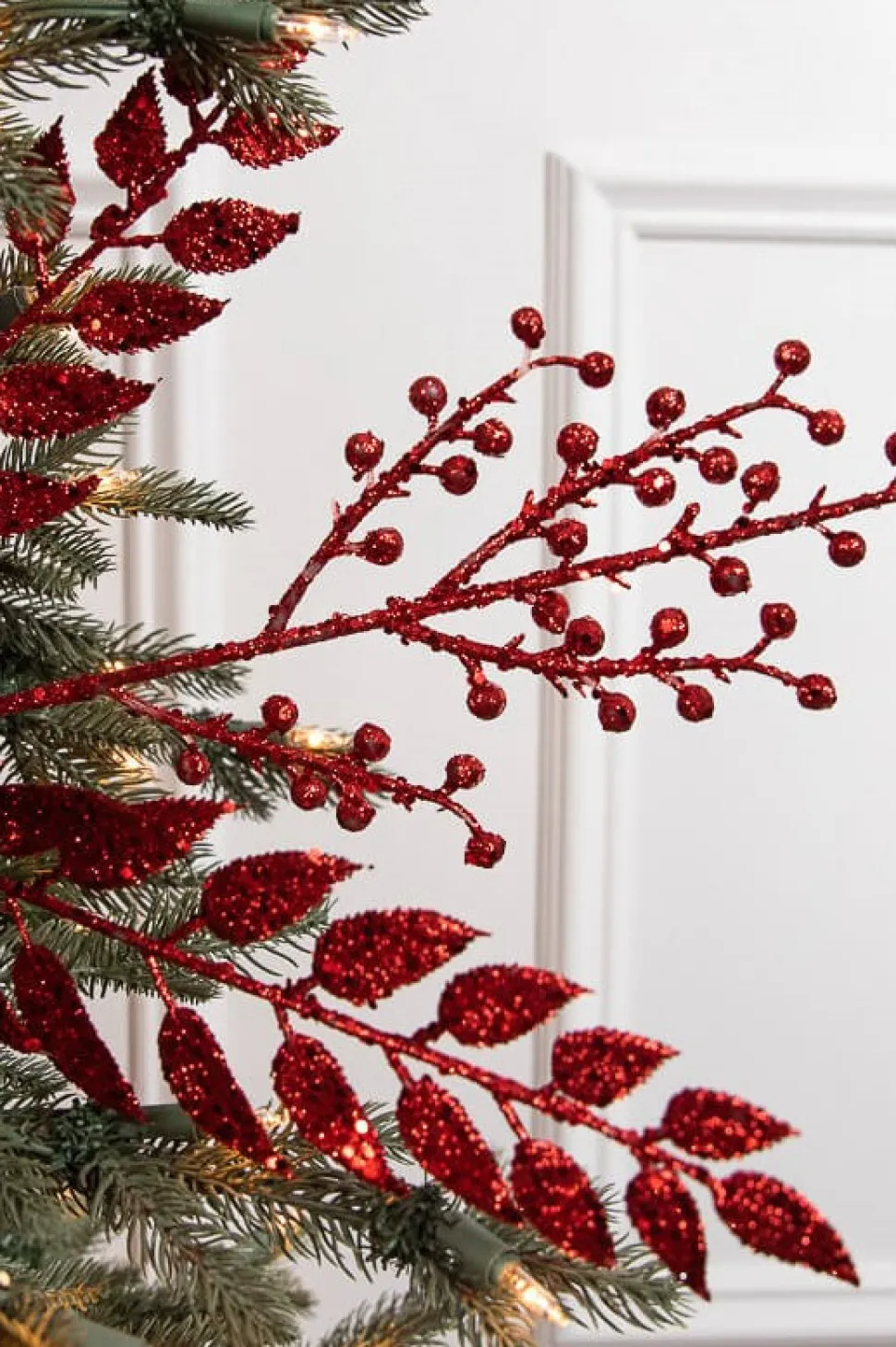 29” Red Glitter Smilax Berry Spray