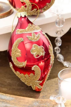 4" - 6" Red & Gold Beaded Scroll Glass Ornament
