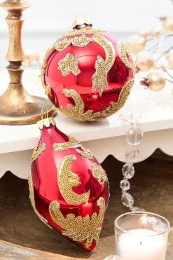 4" - 6" Red & Gold Beaded Scroll Glass Ornament