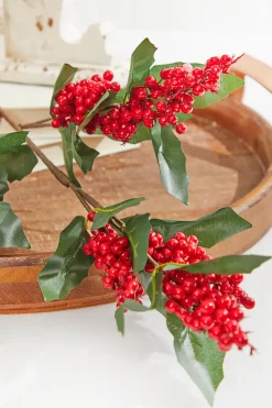 30” Red & Green Leaf Berry Spray