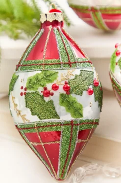 4" - 6" Red & Green Plaid & Holly Glass Ornament