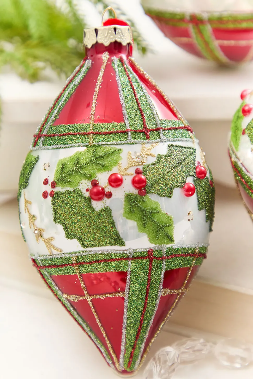 4" - 6" Red & Green Plaid & Holly Glass Ornament