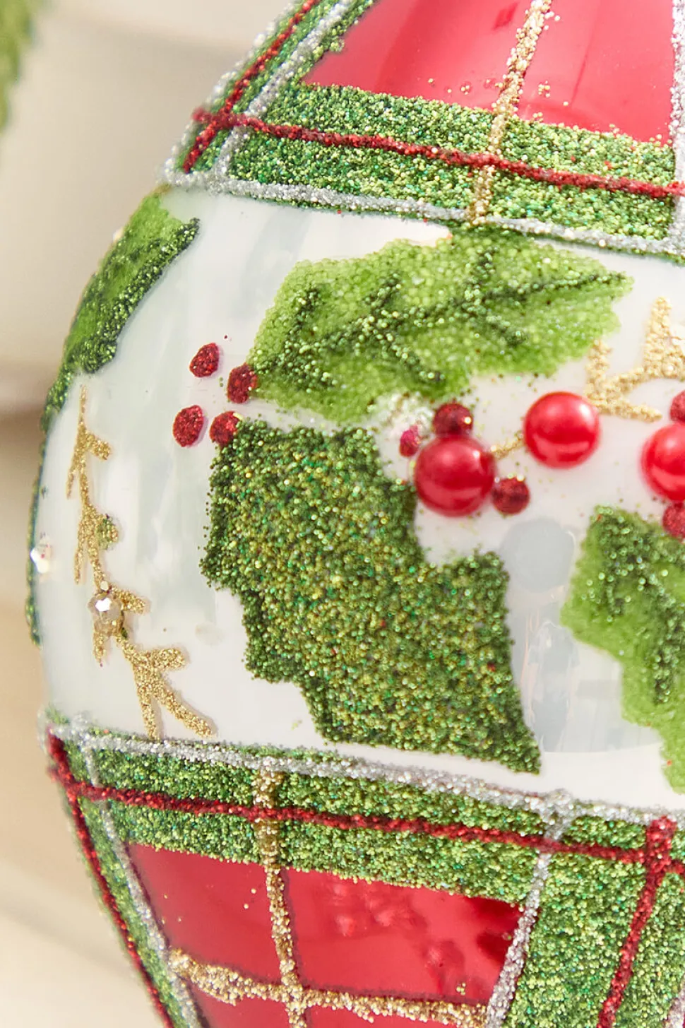 4" - 6" Red & Green Plaid & Holly Glass Ornament
