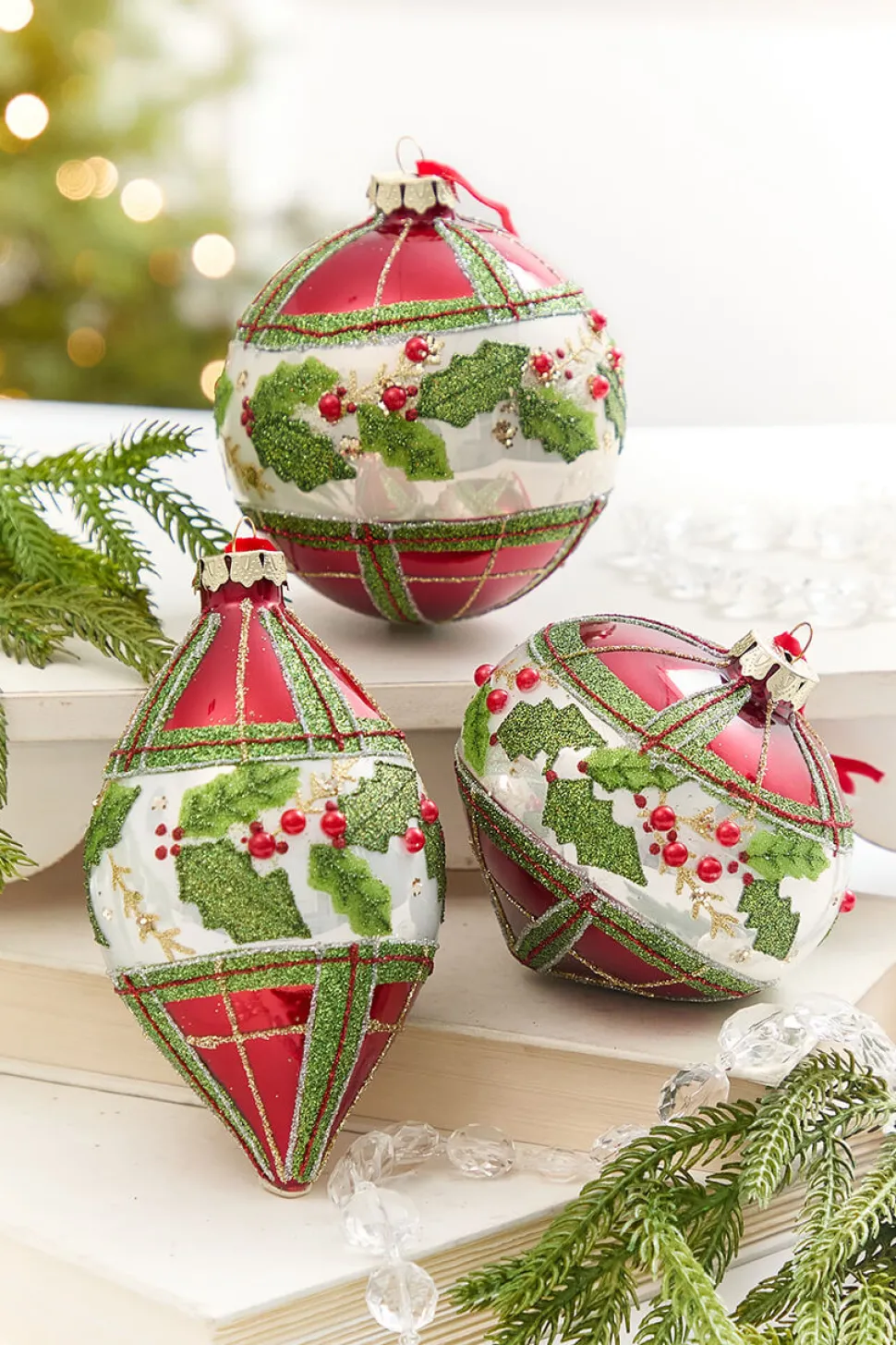 4" - 6" Red & Green Plaid & Holly Glass Ornament