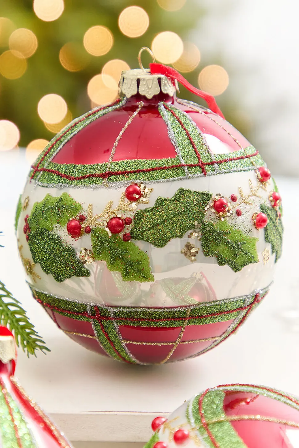 4" - 6" Red & Green Plaid & Holly Glass Ornament