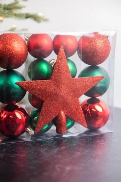 Red & Green Shatterproof Ornament & Star Set - 15 Ct