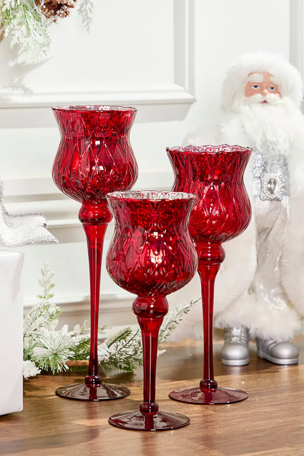 Red Mercury Glass Candle Holders - Set of 3