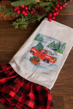 Red Truck Buffalo Plaid Ruffle Tea Towel