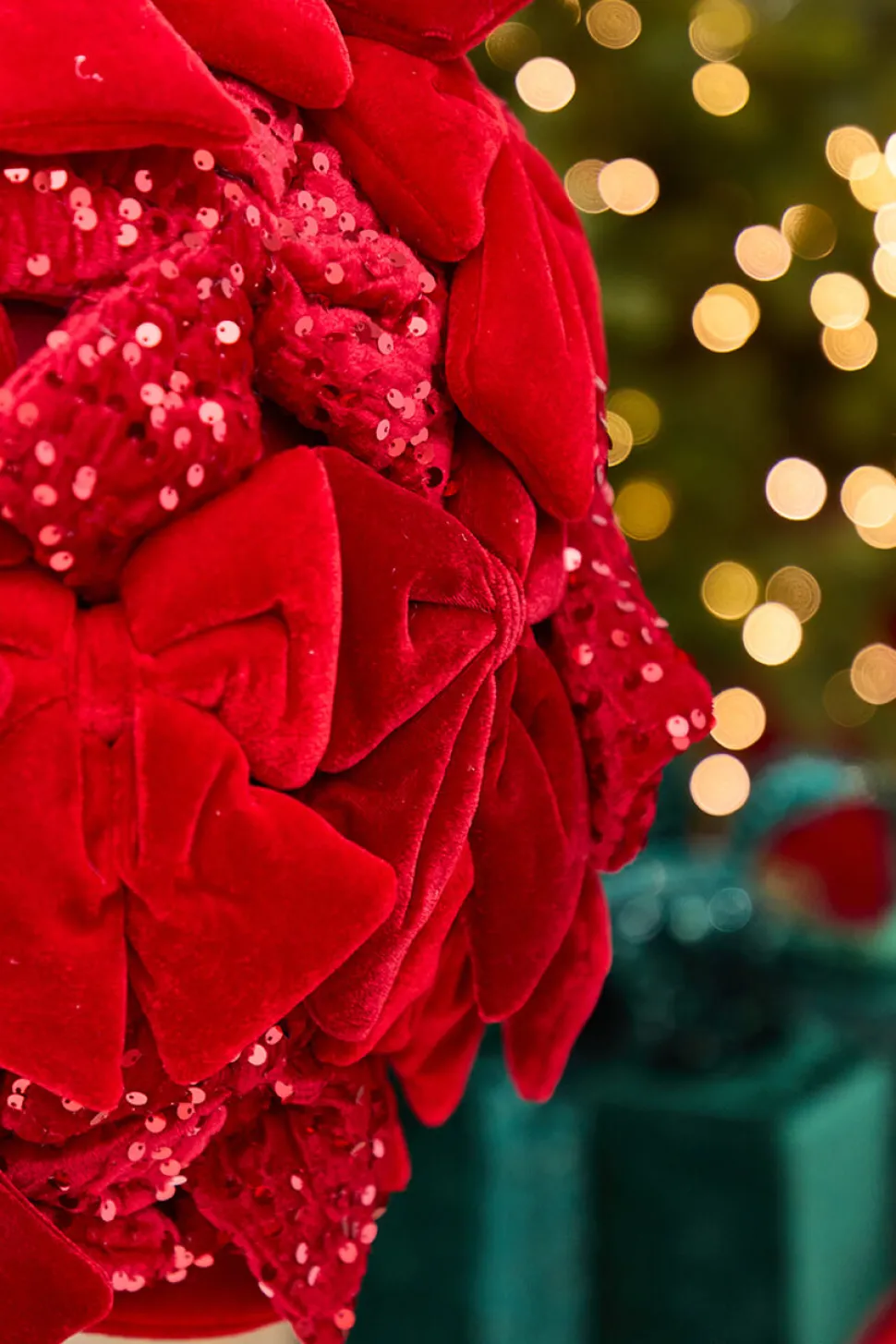36" Red Velvet Sequin Bow Potted Ball Topiary