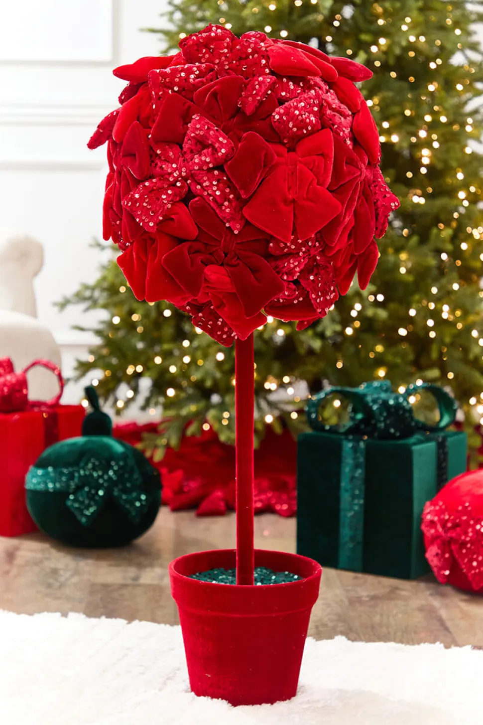 36" Red Velvet Sequin Bow Potted Ball Topiary
