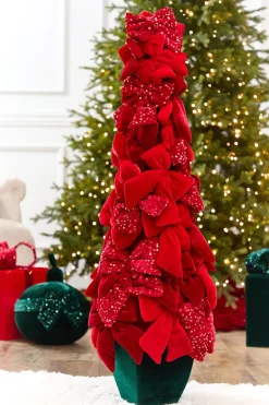 40" Red Velvet Sequin Bow Potted Cone Topiary