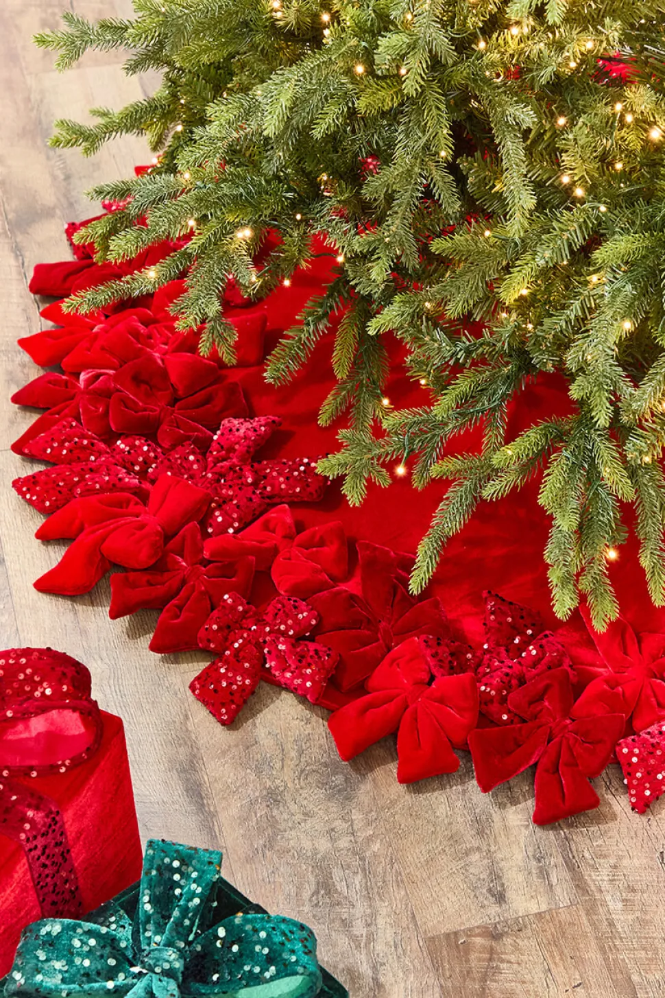 54" Red Velvet Sequin Bow Tree Skirt