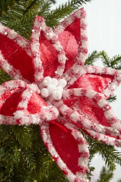 22" Red & White Candy with Snow Glitter Poinsettia Stem