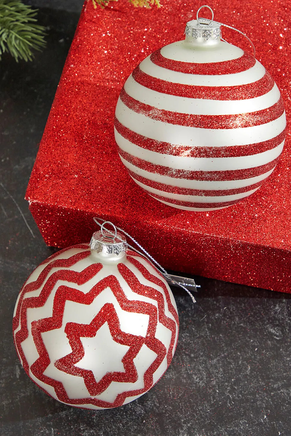 4" Red with Stripes/Zig Zag Glass Ball Ornament