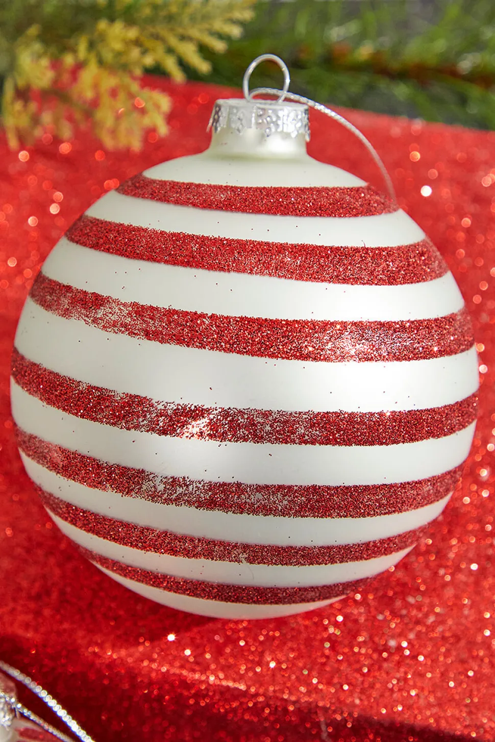 4" Red with Stripes/Zig Zag Glass Ball Ornament