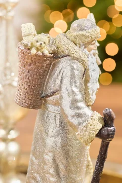 12" Resin Glitter Vintage Santa With Tree And Staff